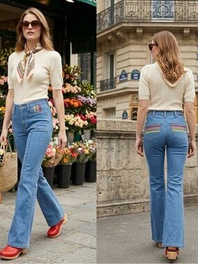 Wrangler x ModCloth Rainbow Stripe High Rise Flare Jeans 70s Retro Denim Size 8
